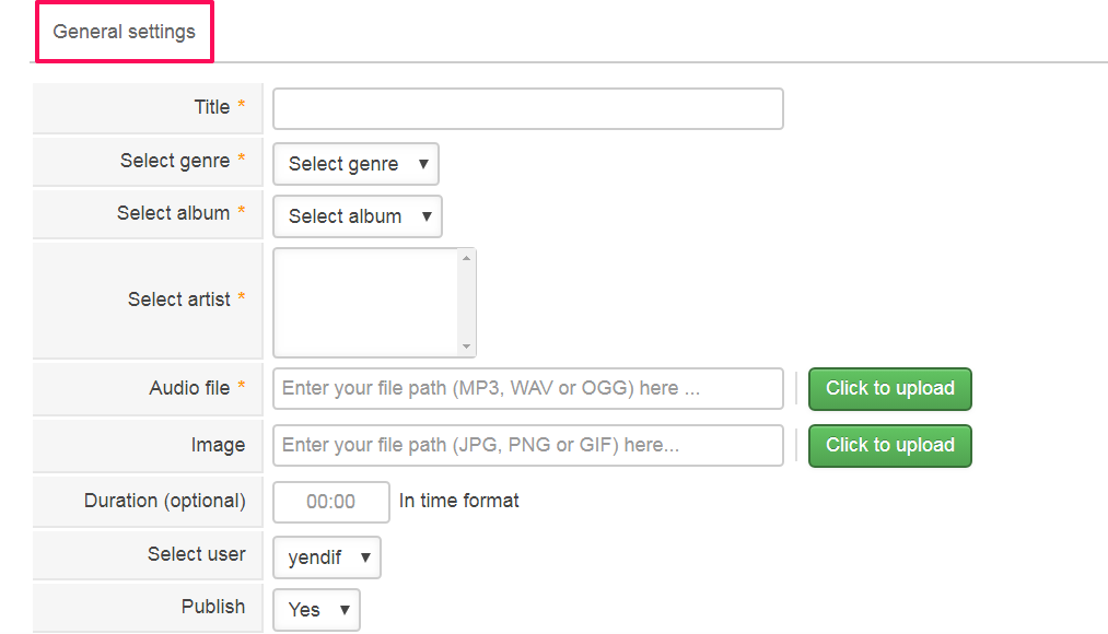 Songs General Settings